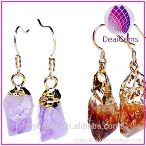 Wholesale fashion natural Crystal stone fishhook earrings Amethyst citrine earrings jewelry of 18k gold plated